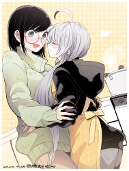 Rule 34 | 2girls, ahoge, apron, black hair, black hoodie, blue eyes, blush, brown pants, chiyo kozuka, closed eyes, commentary, commentary request, cowboy shot, dated, earrings, face-to-face, facing another, from side, glasses, green sweater, grey pants, hair over shoulder, hands on another&#039;s arms, hands on another&#039;s hips, heart, highres, hood, hood down, hoodie, ichido dake demo koukai shitemasu, imminent kiss, indoors, jewelry, kitchen, long hair, long sleeves, looking at another, miyahara miyako, multiple girls, open mouth, pants, polka dot, polka dot background, pot, ritsuka hara, round eyewear, short hair, sidelocks, signature, silver hair, smoke, standing, stove, sweat, sweater, swept bangs, symbol-only commentary, very long hair, yuri
