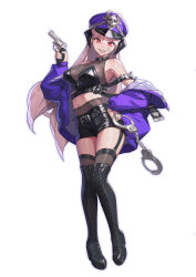 Rule 34 | 1girl, black thighhighs, boots, breasts, cleavage, cuffs, grey hair, gun, hand on own hip, handcuffs, handgun, hat, holding, holding gun, holding handcuffs, holding weapon, horns, jacket, large breasts, long hair, long sleeves, looking at viewer, nasaca, off shoulder, original, police, police hat, police uniform, policewoman, red eyes, revolver, shorts, simple background, smile, solo, standing, teeth, thigh boots, thighhighs, uniform, weapon, white background