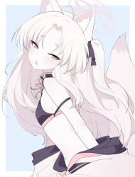 Rule 34 | 1girl, ahoge, animal ear fluff, animal ears, blue archive, eyeshadow, flat chest, fox ears, fox girl, fox tail, from side, halo, highres, kuzunoha (blue archive), looking at viewer, makeup, navel, open clothes, open mouth, red eyeshadow, solo, tail, two side up, white hair, ymm007xx