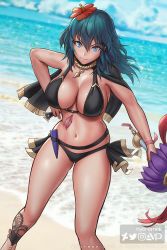 Rule 34 | 1girl, artist name, beach, bikini, black bikini, blue eyes, blue hair, breasts, byleth (female) (fire emblem), byleth (female) (summer) (fire emblem), byleth (fire emblem), cleavage, closed mouth, cloud, day, fire emblem, fire emblem: three houses, fire emblem heroes, flower, hair flower, hair ornament, holding, hybridmink, large breasts, looking at viewer, nintendo, official alternate costume, outdoors, sky, smile, solo, standing, swimsuit, water, watermark, web address