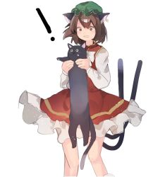 Rule 34 | !, 1girl, animal, animal ears, bow, bowtie, bright pupils, brown eyes, brown hair, cat, cat ears, cat tail, chen, dress, earrings, feet out of frame, gold trim, green hat, hat, higa (gominami), highres, holding, holding animal, holding cat, jewelry, long sleeves, longcat (meme), meme, mob cap, multiple tails, nekomata, petticoat, puffy long sleeves, puffy sleeves, red dress, short hair, simple background, single earring, solo, standing, tail, touhou, two tails, white background, white bow, white bowtie, white pupils