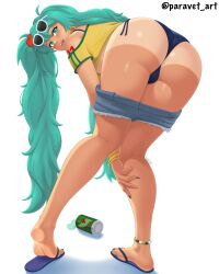 1girl absurdres anklet aqua_eyes aqua_hair artist_name ass bare_legs bent_over bikini blue_bikini blush brazilian_miku cameltoe can cleft_of_venus female_focus flip-flops flower from_behind full_body gluteal_fold green_nails hair_between_eyes hair_flower hair_ornament hand_on_own_leg hatsune_miku heart heart-shaped_eyewear highres jewelry knees_together_feet_apart leaning_forward long_hair looking_at_another looking_at_viewer multicolored_nails nail_polish number_tattoo off_shoulder open_mouth paravet sandals shirt short_shorts shorts side-tie_bikini_bottom smile soles solo standing sunglasses sunglasses_on_head swimsuit tan tanline tattoo teeth thighs tiptoes toenail_polish toenails toes twintails twitter_username upper_teeth_only very_long_hair vocaloid white-framed_eyewear yellow_nails yellow_shirt