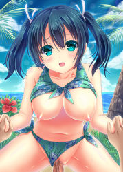 Rule 34 | 10s, 1girl, aqua eyes, bare shoulders, beach, bikini, bikini bottom aside, blue eyes, blush, breasts, censored, clothing aside, cloud, collarbone, day, flower, hair between eyes, hair ribbon, hetero, hibiscus, highres, holding hands, kantai collection, large breasts, looking at viewer, mosaic censoring, navel, nipples, open mouth, outdoors, palm tree, penis, pov, puffy nipples, ribbon, sex, sky, solo focus, souryuu (kancolle), spread legs, sweat, swimsuit, swimsuit aside, tree, tsukumokazuki, twintails, vaginal