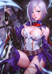 Rule 34 | 1girl, armor, asymmetrical hair, belt, blue panties, blush, boots, breasts, chain, chaps, cleavage, cleavage cutout, clothing cutout, crotch cutout, detached sleeves, feet out of frame, girls&#039; frontline, green eyes, gun, hair over one eye, halterneck, hayate (leaf98k), highres, holding, holding gun, holding weapon, knee pads, knee up, large breasts, light purple hair, lipstick, looking at viewer, machine gun, makeup, medium hair, mg5, mg5 (girls&#039; frontline), nail polish, panties, parted lips, red lips, revealing clothes, shirt, skindentation, solo, sweat, torn clothes, turtleneck, underwear, weapon, white shirt