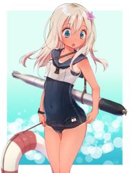 Rule 34 | 10s, 1girl, :o, blonde hair, blue eyes, bracelet, clothes writing, collarbone, covered navel, crop top, double vertical stripe, flower, hair flower, hair ornament, hato haru, japanese flag, jewelry, kantai collection, lifebuoy, long hair, looking down, one-piece swimsuit, one-piece tan, open mouth, ro-500 (kancolle), school swimsuit, school uniform, serafuku, solo, swim ring, swimsuit, swimsuit under clothes, tan, tanline, torpedo