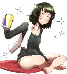 Rule 34 | 10s, 1girl, ^ ^, bare legs, barefoot, beer can, between legs, blush, bra, breasts, can, closed eyes, commentary request, drink can, feet, green hair, grin, hand between legs, holding, holding can, indian style, ishii takuma, kawakami sadayo, long sleeves, medium breasts, messy hair, no pants, persona, persona 5, shirt, short hair, simple background, sitting, sitting on pillow, smile, solo, sparkle, sweatdrop, towel, underwear, white background