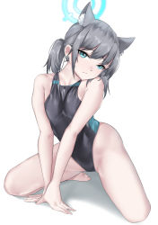 Rule 34 | 1girl, absurdres, animal ear fluff, animal ears, barefoot, black one-piece swimsuit, blue archive, blue eyes, breasts, casperrin, competition swimsuit, covered navel, cross hair ornament, earrings, extra ears, full body, grey hair, hair ornament, halo, highleg, highleg swimsuit, highres, jewelry, kneeling, low ponytail, medium breasts, medium hair, mismatched pupils, multicolored clothes, multicolored swimsuit, one-piece swimsuit, shiroko (blue archive), shiroko (swimsuit) (blue archive), simple background, solo, swimsuit, white background