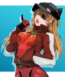 Rule 34 | 10s, 1girl, animal ears, animal hat, black hat, blue background, blue eyes, bodysuit, bodysuit under clothes, breasts, breasts apart, candy, cat hat, curvy, eating, evangelion: 3.0 you can (not) redo, eyepatch, fake animal ears, food, from side, gradient background, hair between eyes, hat, highres, jacket, large breasts, lollipop, long hair, neon genesis evangelion, orange hair, outside border, parted bangs, pinky out, plugsuit, pocket, rebuild of evangelion, rialess100, saliva, scowl, solo, souryuu asuka langley, standing, track jacket, twintails, v-shaped eyebrows