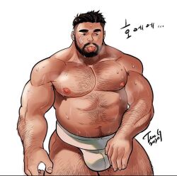 Rule 34 | 1boy, :p, abs, arm hair, armpit hair, armpit hair peek, bandaid, bandaid on cheek, bandaid on face, bara, beard, belly, black hair, bulge, chest hair, dark-skinned male, dark skin, dated, facial hair, feet out of frame, hairy, korean text, large pectorals, leg hair, looking to the side, male focus, mature male, muscular, muscular male, mustache, navel, navel hair, nipples, original, pectorals, scratching crotch, second-party source, short hair, solo, standing, stomach, strongman waist, sumo, sweat, tenji (tenji 89), thick eyebrows, thick thighs, thighs, tongue, tongue out, topless male, translation request, undercut, veins, veiny arms, very sweaty