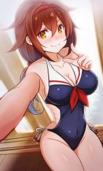 Rule 34 | 1girl, adapted costume, black one-piece swimsuit, breasts, brown eyes, brown hair, cameltoe, casual one-piece swimsuit, cleavage, collarbone, commentary request, covered navel, embarrassed, gradient hair, hair flaps, hairband, kantai collection, kuroten, long hair, looking at viewer, low twintails, medium breasts, multicolored hair, one-piece swimsuit, reaching, reaching towards viewer, red hairband, selfie, shiratsuyu (kancolle), side-tie swimsuit, solo, swimsuit, twintails, wavy mouth, window