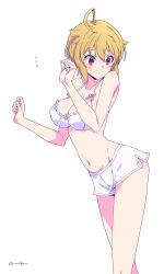 Rule 34 | ..., 1girl, ahoge, arched back, arm up, bare arms, bare shoulders, blonde hair, bow, bow bra, bra, breasts, cleavage, clenched hands, closed mouth, collarbone, commentary, cowboy shot, dolphin shorts, frilled bra, frills, hair between eyes, hair flaps, highres, ibuki tsubasa, idolmaster, idolmaster million live!, large breasts, light blush, looking down, medium breasts, navel, oomura karasu, panties, pink bow, pink eyes, raised eyebrows, short hair, shorts, sidelocks, signature, simple background, solo, standing, stomach, sweat, underwear, underwear only, white background, white bra, white panties