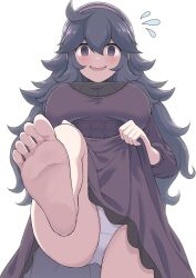 Rule 34 | 1girl, @ @, alternate breast size, blue eyes, blue hair, breasts, creatures (company), dress, feet, foot focus, game freak, hex maniac (pokemon), highres, holding, holding clothes, large breasts, long hair, looking at viewer, looking down, nintendo, open mouth, panties, perapera, pokemon, pokemon xy, purple dress, smile, solo, underwear, white panties