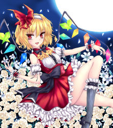 Rule 34 | 1girl, alternate costume, blonde hair, blush, dress, female focus, flandre scarlet, flower, fred0092, highres, open mouth, red eyes, rose, short hair, smile, socks, solo, striped clothes, striped legwear, striped socks, touhou, vertical-striped clothes, vertical-striped legwear, vertical-striped socks, white flower, white rose, wings, wrist cuffs