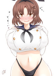 Rule 34 | 1girl, anger vein, black hairband, black panties, blush, brown eyes, brown hair, chiyoda (kancolle), commentary request, cosplay, elbow gloves, embarrassed, gloves, hairband, highleg, highleg panties, highres, kantai collection, looking at viewer, navel, no pants, open mouth, panties, school uniform, serafuku, shimakaze (kancolle) (cosplay), shimakaze (kancolle), short hair, simple background, solo, tokiziku, underwear, white background, white gloves