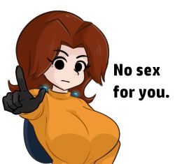 Rule 34 | 1girl, :|, black eyes, black gloves, breasts, brown hair, closed mouth, dodo-bot, dress, english text, expressionless, eyelashes, gloves, glowing, hair intakes, large breasts, long sleeves, looking at viewer, medium hair, mii (nintendo), mii gunner, nintendo, orange dress, orange sweater, outstretched arm, pointing, pointing at viewer, simple background, solid eyes, solo, super smash bros., sweater, sweater dress, upper body, white background
