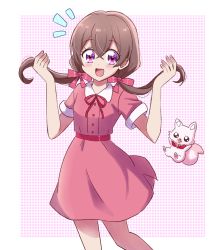 Rule 34 | 1girl, absurdres, brown hair, collared dress, delicious party precure, dress, hakuchuu, highres, kome-kome (precure), long hair, nagomi yui, open mouth, pink dress, precure, purple eyes, short sleeves, smile, solo, twintails