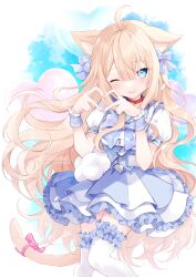 Rule 34 | 1girl, ;d, ahoge, animal ear fluff, animal ears, balloon, blonde hair, blue bow, blue sailor collar, blue skirt, bow, cat ears, cat girl, cat tail, commentary request, commission, frilled skirt, frilled thighhighs, frills, fukunoki tokuwa, hair between eyes, hair bow, hands up, heart, heart balloon, heart hands, highres, layered skirt, long hair, looking at viewer, one eye closed, open mouth, original, pink bow, pleated skirt, puffy short sleeves, puffy sleeves, sailor collar, shirt, short sleeves, skeb commission, skirt, smile, solo, tail, tail bow, tail ornament, thighhighs, very long hair, white shirt, white thighhighs, wrist cuffs