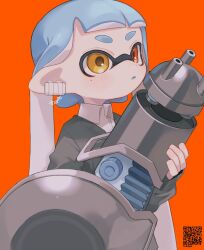 Rule 34 | 1girl, artist name, bandaged ear, bandages, black sweater, blue hair, blunt bangs, blush, collared shirt, female focus, gauze, hand up, heterochromia, holding, holding weapon, inkling, inkling girl, inkling player character, light blush, long hair, long sleeves, mole, mole under eye, nautilus (splatoon), nintendo, pointy ears, qr code, red background, red eyes, sahata saba, shirt, simple background, solo, splatoon (series), standing, sweater, tentacle hair, tentacles, twintails, twitter username, upper body, v-shaped eyebrows, watermark, weapon, white shirt, yellow eyes