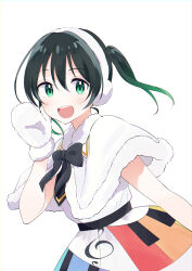 Rule 34 | 1girl, black bow, blush, bow, capelet, colorful dreams! colorful smiles! (love live!), earmuffs, gradient hair, green eyes, green hair, hair between eyes, highres, lone nape hair, looking at viewer, love live!, love live! nijigasaki high school idol club, medium hair, mittens, multicolored hair, musical note, musical note print, open mouth, sidelocks, solo, standing, takasaki yu, teeth, twintails, upper body, upper teeth only, watanabe nako, white background, white capelet, white mittens