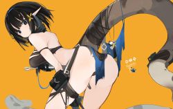 Rule 34 | 1girl, arknights, ass, bandeau, bent over, black bandeau, black hair, black panties, blue eyes, cameo, character name, commentary, cowboy shot, eunectes (arknights), flower, hair flower, hair ornament, high priest (arknights), highres, holding, holding wrench, charm (object), lancet-2 (arknights), looking at viewer, mikozin, orange background, panties, pointy ears, pouch, short hair, simple background, skindentation, snake tail, solo, symbol-only commentary, tail, thigh strap, torn clothes, underwear, wrench