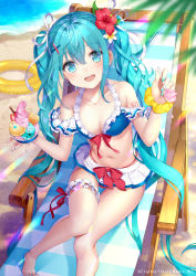 Rule 34 | 1girl, :d, aqua eyes, aqua hair, bare legs, bare shoulders, barefoot, beach, beach chair, bikini, bikini skirt, blue bikini, blue nails, blurry, blurry foreground, blush, breasts, bridal garter, cleavage, collarbone, commentary, commentary request, crypton future media, dessert, flower, food, footprints, frilled bikini, frills, front-tie bikini top, front-tie top, hair between eyes, hair flower, hair ornament, hair ribbon, halterneck, hand up, hatsune miku, hatsune miku graphy collection, hibiscus, highres, holding, holding spoon, ice cream, innertube, long hair, looking at viewer, medium breasts, mismatched bikini, nail polish, official art, open mouth, red flower, ribbon, sakura shiori, sand, scrunchie, sidelocks, sitting, smile, solo, spoon, striped, swim ring, swimsuit, thighs, twintails, very long hair, vocaloid, water, watermark, white flower, white ribbon, wrist scrunchie, x hair ornament