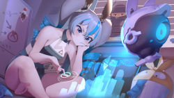 Rule 34 | 2girls, absurdres, animal ears, bad id, bad pixiv id, bare arms, bare legs, bare shoulders, barefoot, black shirt, black shorts, window blinds, blue hair, bronya zaychik, bronya zaychik (haxxor bunny), candy, character request, chinese commentary, commentary request, crop top, drill hair, drone, fake animal ears, food, gradient hair, hand on own cheek, hand on own face, head rest, highres, hologram, holographic interface, homu (honkai impact), honkai (series), honkai impact 3rd, indian style, indoors, jliaan, lollipop, long hair, midriff, mouth hold, multicolored hair, multiple girls, peeking, rabbit ears, shirt, shorts, silver hair, sitting, sleeveless, sleeveless shirt, streaked hair, twin drills, twintails, whiteboard, window
