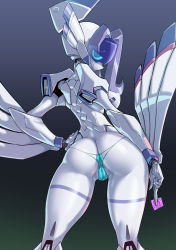 Rule 34 | 1girl, android, ass, bikini, blue bikini, blue eyes, blue sclera, breasts, butt crack, cameltoe, chlorophytum, cleft of venus, colored sclera, colored skin, come hither, condom, condom wrapper, contrapposto, darling in the franxx, from behind, gradient background, hand on own hip, highres, holding, holding condom, large breasts, looking back, pochincoff, ponytail, profile, robot, sideways mouth, smile, smug, solo, swimsuit, topless, visor, white skin