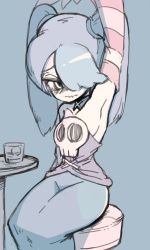 Rule 34 | 1girl, armpits, detached sleeves, dress, drink, hair over one eye, highres, inarou (rakugakiproject), presenting armpit, sitting, skull, skullgirls, squigly (skullgirls), twintails, zombie
