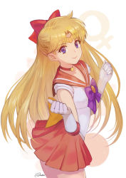 Rule 34 | 1girl, aino minako, back bow, bishoujo senshi sailor moon, blonde hair, blue eyes, bow, bowtie, breasts, c:, choker, clenched hands, closed mouth, elbow gloves, female focus, from side, gloves, hair bow, hair flaps, hands up, jewelry, large bow, lips, long hair, looking at viewer, magical girl, medium breasts, meto31, neck, necklace, orange choker, orange sailor collar, orange skirt, parted bangs, pleated skirt, purple bow, purple bowtie, red bow, sailor collar, sailor venus, school uniform, serafuku, shirt, simple background, skirt, smile, solo, standing, star (symbol), star necklace, super sailor venus, tiara, venus symbol, white background, white gloves, white shirt, yellow bow
