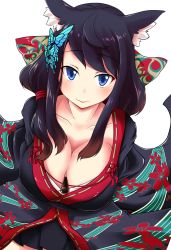Rule 34 | 1girl, absurdres, animal ears, azur lane, between breasts, black hair, blue eyes, blush, breasts, butterfly hair ornament, cat ears, cleavage, collarbone, food, fusou (azur lane), hair ornament, highres, large breasts, lolitan, long hair, looking at viewer, md5 mismatch, pocky, pocky day, resolution mismatch, sitting, smile, solo, source smaller