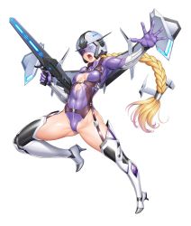 Rule 34 | 1girl, armor, blonde hair, blue eyes, boots, braid, braided ponytail, breasts, covered navel, curvy, full body, gloves, gun, helmet, high heel boots, high heels, highleg, highleg leotard, highres, holding, holding weapon, jumping, karina cochrane, leotard, lilith-soft, long hair, looking at viewer, open mouth, simple background, solo, taimanin (series), taimanin rpgx, thighhighs, very long hair, weapon, white background, zol