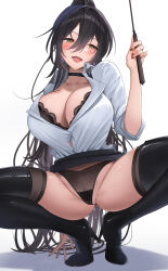 1girl :d black_footwear black_hair black_panties black_thighhighs blush boots breasts cleavage hair_between_eyes high_heel_boots high_heels highres holding idolmaster idolmaster_shiny_colors large_breasts long_hair long_sleeves open_mouth panties ponytail shirase_sakuya shirt shirt_tucked_in shougun_(chuckni1) smile solo squatting thigh_boots thighhighs thighhighs_under_boots thighs underwear white_shirt yellow_eyes