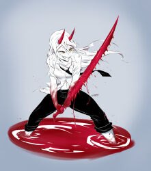 Rule 34 | 1girl, absurdres, blood, blood on hands, chainsaw man, commentary, greyscale, grin, highres, holding, holding sword, holding weapon, horns, long hair, loose necktie, midriff, monochrome, necktie, orange eyes, pants, pants rolled up, pool of blood, power (chainsaw man), red horns, signature, smile, solo, spot color, sword, sytokun, torn clothes, torn sleeves, wading, weapon