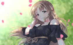 Rule 34 | 1girl, bare shoulders, black dress, blurry, blurry background, braid, breasts, brown eyes, brown hair, closed mouth, collarbone, commentary request, depth of field, dress, hand up, long hair, medium breasts, nijisanji, off-shoulder dress, off shoulder, parted bangs, petals, shirihime, short sleeves, side braid, single braid, sister claire, smile, solo, virtual youtuber, wide sleeves