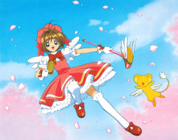 Rule 34 | 1girl, absurdres, bow, brown hair, card, cardcaptor sakura, child, cloud, cloudy sky, flying, gloves, green eyes, happy, highres, holding, holding card, holding wand, kero (cardcaptor sakura), kinomoto sakura, magical girl, official art, open mouth, pink headwear, red bow, red footwear, short hair, sky, wand, white gloves, wings