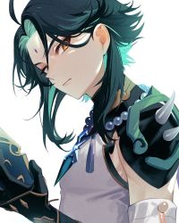 Rule 34 | 1boy, ahoge, armor, bead necklace, beads, bishounen, black gloves, black hair, detached sleeves, diamond (shape), eyeshadow, facial mark, forehead mark, from side, frown, genshin impact, gloves, green hair, highres, holding, holding mask, jewelry, long hair, looking at viewer, makeup, male focus, mask, multicolored hair, necklace, parted bangs, pendant, red eyeshadow, short hair, short hair with long locks, shoulder armor, shoulder pads, shoulder spikes, sidelocks, simple background, solo, spikes, toned, toned male, two-tone hair, upper body, white background, xiao (genshin impact), yamada chickenko, yellow eyes