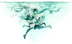 Rule 34 | 2girls, absurdres, aqua eyes, aqua hair, aqua ribbon, aqua theme, bare shoulders, black skirt, black thighhighs, bubble, closed mouth, collared shirt, commentary, detached sleeves, floating hair, full body, hatsune miku, hatsune miku (nt), headset, high heels, highres, holding hands, long hair, looking at viewer, looking back, ly.t, multiple girls, neck ribbon, open mouth, piapro, pleated skirt, ribbon, shirt, skirt, sleeveless, sleeveless shirt, thighhighs, twintails, underwater, very long hair, vocaloid, white shirt