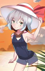 Rule 34 | 1girl, absurdres, bare arms, bare shoulders, blue one-piece swimsuit, chorome1122, collarbone, commentary request, fate/grand order, fate (series), green eyes, hair between eyes, hat, hat ribbon, highres, jack the ripper (fate/apocrypha), one-piece swimsuit, outdoors, ribbon, short shorts, shorts, silver hat, smile, solo, swimsuit, white hat