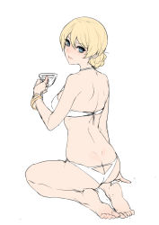 Rule 34 | 1girl, ass, ass cutout, back, ban! (bansankan), bangle, bikini, blonde hair, blue eyes, bracelet, braid, butt crack, clothing cutout, commentary request, cup, darjeeling (girls und panzer), dimples of venus, feet, from behind, full body, girls und panzer, hair between eyes, halterneck, holding, holding cup, jewelry, kneeling, looking at viewer, looking back, short hair, smile, solo, swimsuit, teacup, toes, white background, white bikini