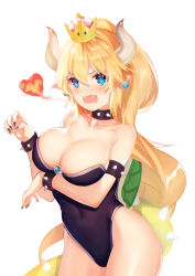 Rule 34 | 1girl, arm under breasts, bare shoulders, black leotard, black nails, blonde hair, blue eyes, bowsette, bracelet, breast rest, breasts, breath weapon, breathing fire, brooch, claw pose, cleavage, collar, collarbone, covered navel, cowboy shot, earrings, fangs, fire, hair between eyes, heart of fire, highleg, highleg leotard, highres, hip focus, jewelry, large breasts, leotard, long hair, looking at viewer, mario (series), miriam (34502423), nail polish, navel, new super mario bros. u deluxe, nintendo, open mouth, pointy ears, ponytail, shell, shiny skin, sidelocks, solo, spiked bracelet, spiked collar, spiked tail, spikes, strapless, strapless leotard, super crown, tail, thighs