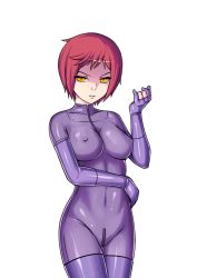 Rule 34 | angry, argim, catsuit, crotch zipper, elbow gloves, gloves, latex, latex gloves, latex legwear, red hair, rubber, shiny clothes, short hair, skin tight, tagme, thighhighs, yellow eyes, zipper