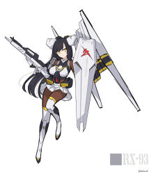 Rule 34 | 1girl, black hair, boots, char&#039;s counterattack, fin funnels, floating hair, funnels (gundam), gun, gundam, highres, holding, holding gun, holding shield, holding weapon, i.takashi, insignia, long hair, nu gundam, pantyhose, personification, shield, skirt, smile, solo, thigh boots, thighhighs, very long hair, weapon, white background, white skirt, yellow eyes, zettai ryouiki