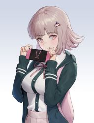 Rule 34 | 1girl, backpack, bag, black shirt, breasts, brown eyes, collared shirt, cotta (heleif), danganronpa (series), danganronpa 2: goodbye despair, dress shirt, flipped hair, gradient background, hair ornament, handheld game console, hands up, highres, holding, holding handheld game console, hood, hooded jacket, jacket, large breasts, light brown hair, long sleeves, looking at viewer, medium hair, nanami chiaki, neck ribbon, nintendo switch, open clothes, open jacket, pink ribbon, pleated skirt, ribbon, shirt, shirt tucked in, skirt, solo, upper body, white shirt