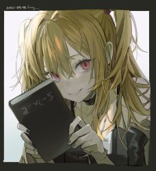 Rule 34 | 1girl, absurdres, amane misa, black border, black choker, blonde hair, blush, border, choker, dated, death note, death note (object), freng, hair between eyes, highres, holding, jewelry, long hair, looking at viewer, necklace, notebook, red eyes, sidelocks, signature, simple background, solo, two side up, upper body