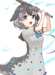 Rule 34 | 1girl, absurdres, apron, ascot, bare arms, black bow, blowhole, blue ascot, blue eyes, bow, cetacean tail, commentary, dress, drillhorn sword, fins, fish tail, frilled apron, frills, grey dress, grey hair, hair bow, highres, holding, holding weapon, kemono friends, looking at viewer, multicolored hair, narwhal (kemono friends), open mouth, puffy short sleeves, puffy sleeves, shiraha maru, short hair with long locks, short sleeves, simple background, single sidelock, solo, tail, water drop, weapon, white background