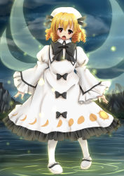 Rule 34 | 1girl, :o, blonde hair, chestnut mouth, dress, drill hair, frilled dress, frilled sleeves, frills, hat, highres, lely, light particles, long sleeves, luna child, red eyes, touhou, wide sleeves, wings