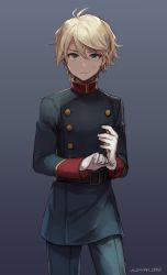 Rule 34 | 1boy, adjusting clothes, adjusting gloves, aldnoah.zero, aqua eyes, belt, blonde hair, blue background, blue jacket, blue pants, buttons, closed mouth, commentary request, cowboy shot, gloves, hair between eyes, jacket, long sleeves, looking at viewer, male focus, military, military uniform, pants, slaine troyard, solo, standing, sweat, tomari (veryberry00), uniform, white gloves