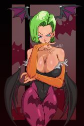 Rule 34 | 1girl, android 18, blue eyes, breasts, bridal gauntlets, cameltoe, cleavage, cosplay, covered erect nipples, crossover, daartimari, dragon ball, dragon ball super, dragonball z, highres, large breasts, looking at viewer, morrigan aensland, morrigan aensland (cosplay), narrow waist, non-web source, short hair, simple background, thick lips, vampire (game), wide hips