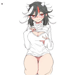 Rule 34 | 1girl, black hair, blush, bottomless, breasts, breasts squeezed together, cone horns, hand on own chest, head tilt, horns, kijin seija, large breasts, looking up, meme attire, multicolored hair, naked sweater, open-chest sweater, red hair, seiza, short hair, simple background, sitting, solo, streaked hair, sweatdrop, sweater, thighs, toriga naku, touhou, turtleneck, white background, white hair, white sweater