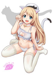 Rule 34 | 1girl, animal band panties, animal cutout, animal ear legwear, animal ears, artist logo, bell, bra, cat, cat cutout, cat ear legwear, cat ear panties, cat ears, cat lingerie, cat tail, choker, cleavage cutout, clothing cutout, commentary request, dated, frilled bra, frills, hat, jervis (kancolle), jingle bell, kantai collection, kemonomimi mode, meme attire, moke ro, neck bell, one-hour drawing challenge, panties, paw pose, paw print, sailor hat, side-tie panties, silhouette, simple background, sitting, smile, solo, tail, thighhighs, underwear, underwear only, wariza, white background, white bra, white hat, white panties, white thighhighs